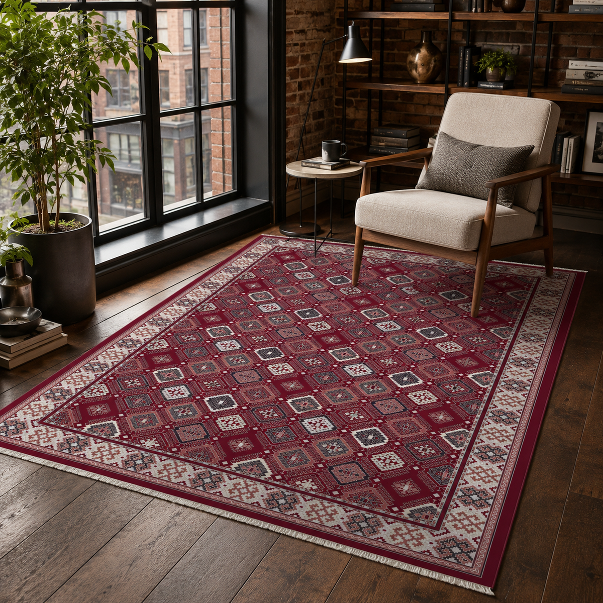 Tapis Ethnique Bordeaux Lavable Liv, vue 7