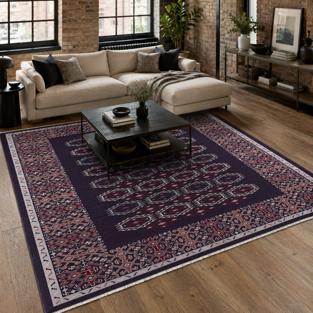 Tapis Ethnique Bleu Marine Lavable Fleur, vue principale