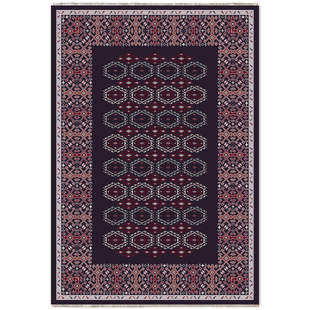 Détail du motif du tapis ethnique bleu marine lavable Fleur