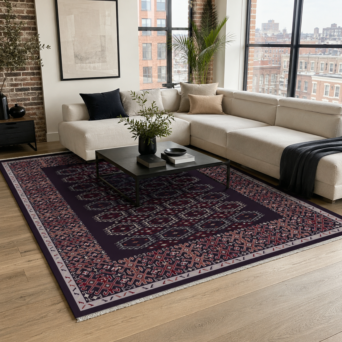 Tapis Ethnique Bleu Marine Lavable Fleur, vue 3