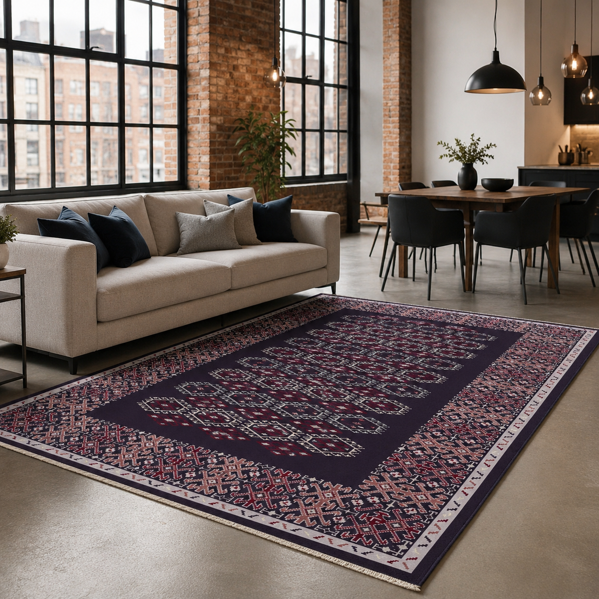 Tapis Ethnique Bleu Marine Lavable Fleur, vue 4