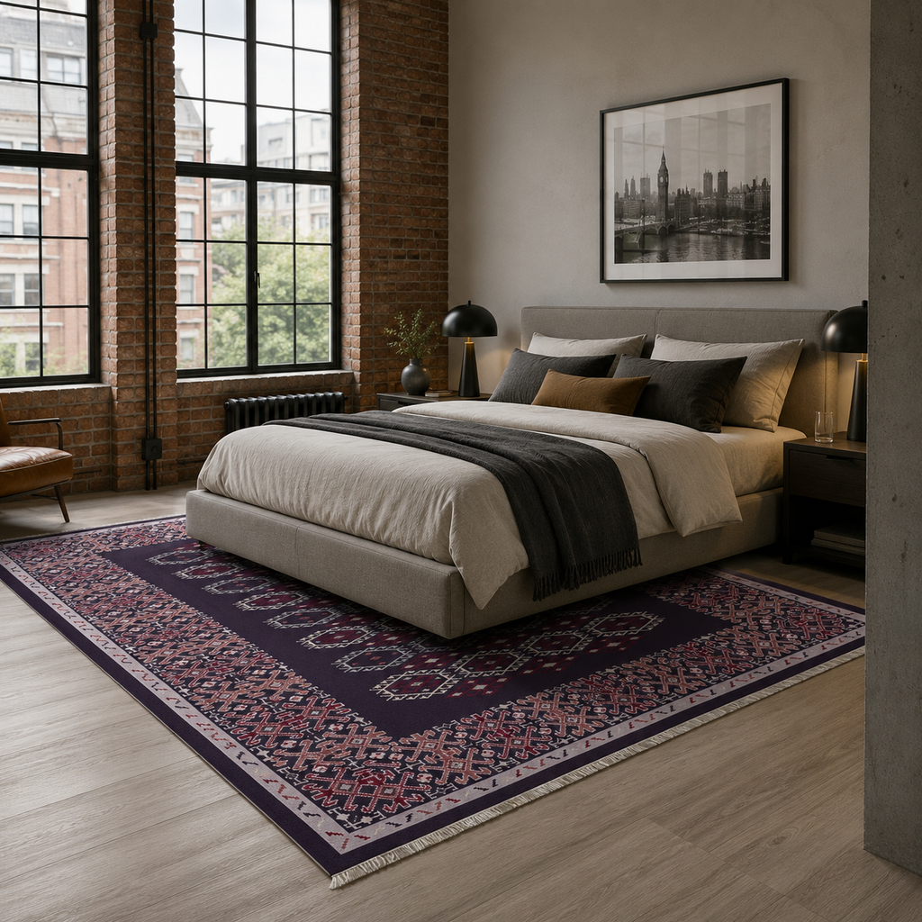 Tapis Ethnique Bleu Marine Lavable Fleur, vue 5