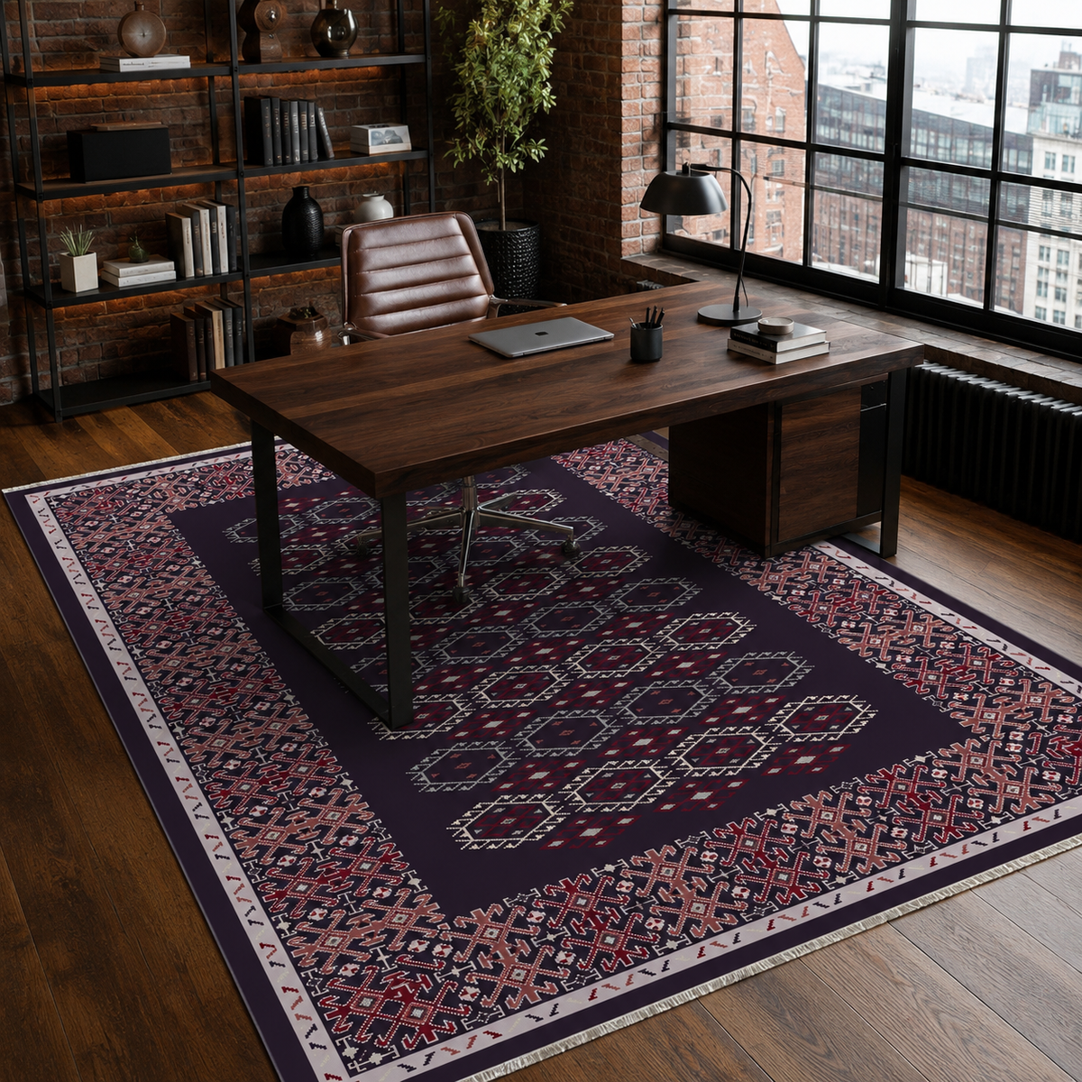 Tapis Ethnique Bleu Marine Lavable Fleur, vue 6