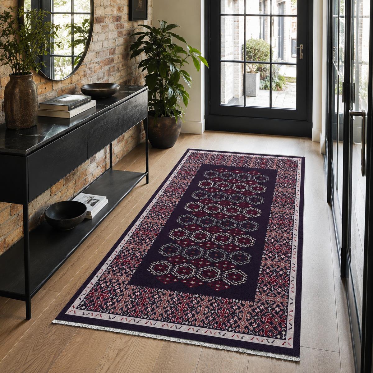 Tapis Ethnique Bleu Marine Lavable Fleur, vue 7