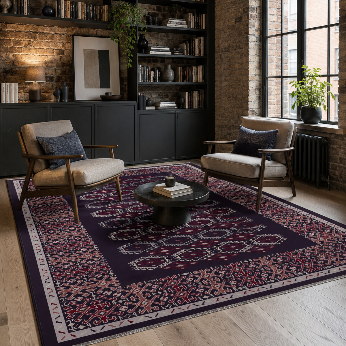 Tapis Ethnique Bleu Marine Lavable Fleur, vue 8