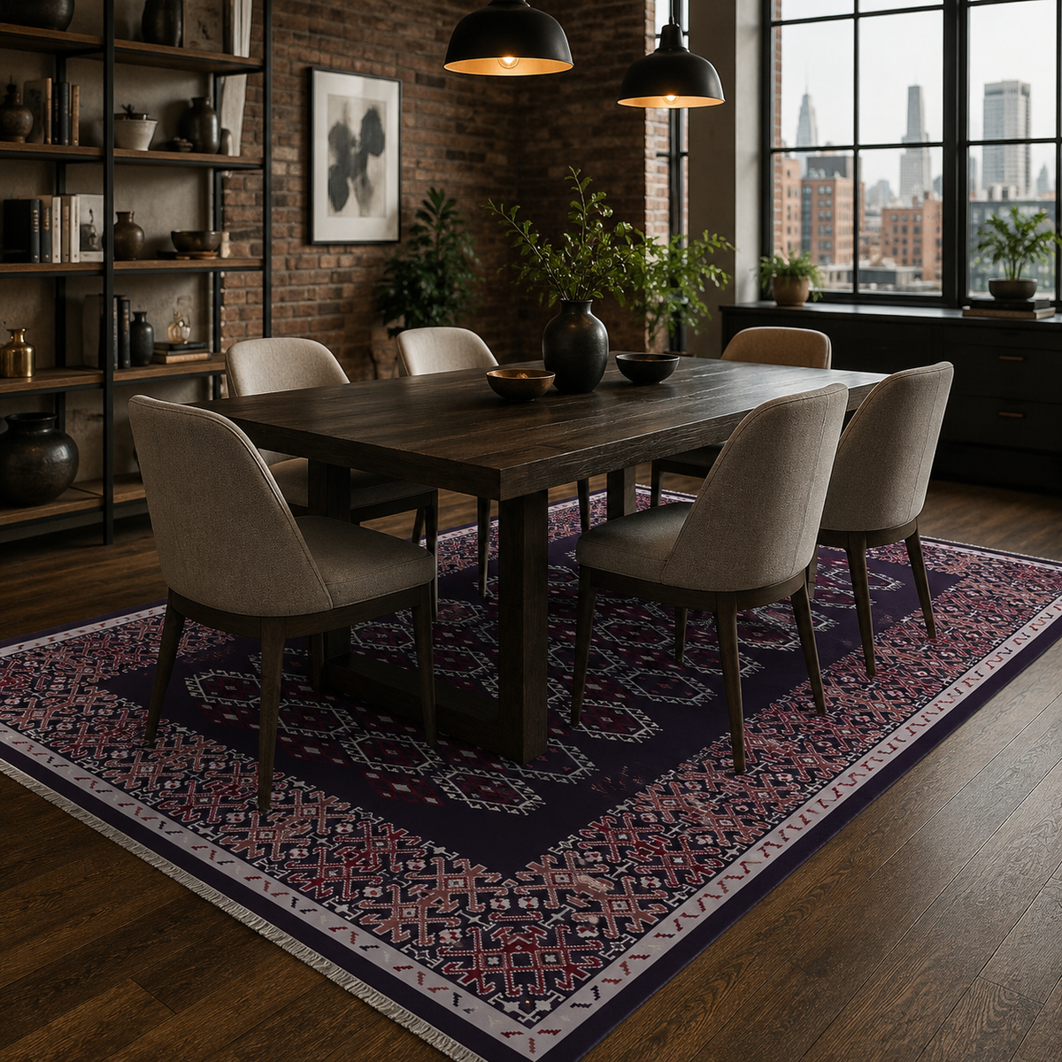Tapis Ethnique Bleu Marine Lavable Fleur, vue 9