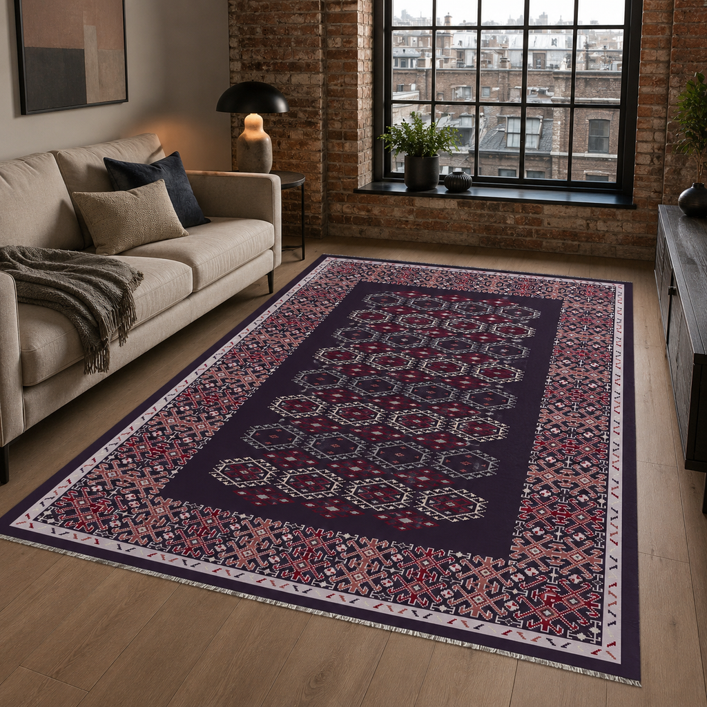 Tapis Ethnique Bleu Marine Lavable Fleur, vue 10