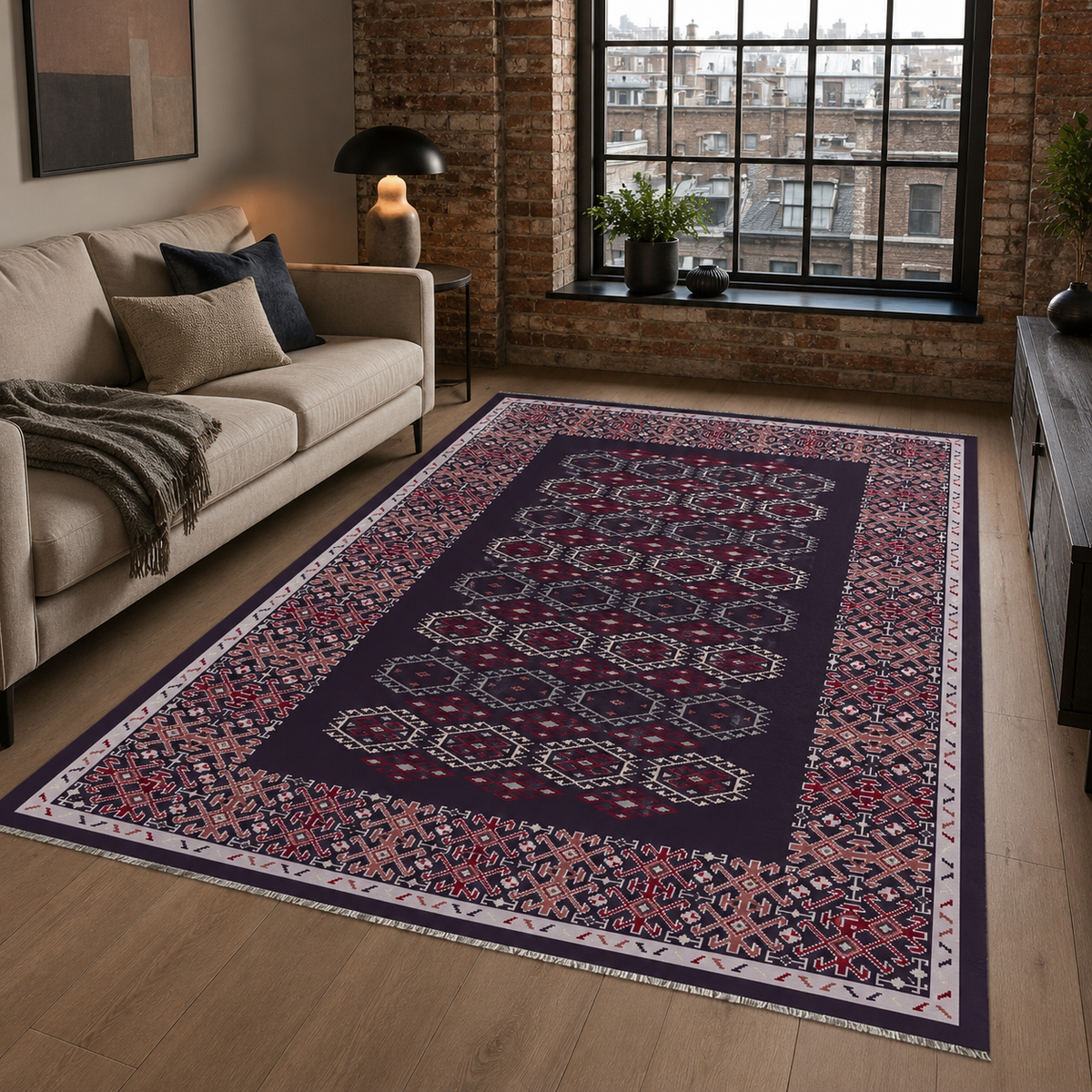 Tapis Ethnique Bleu Marine Lavable Fleur, vue 10