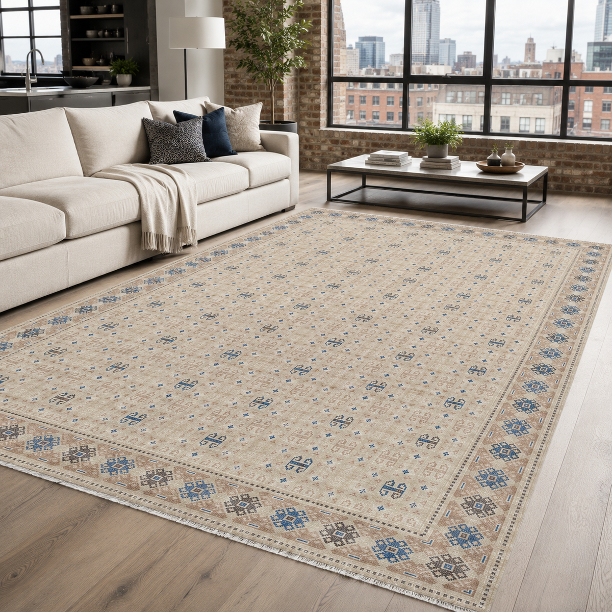Tapis Ethnique Crème et Blanc Lavable Dalia, vue 3