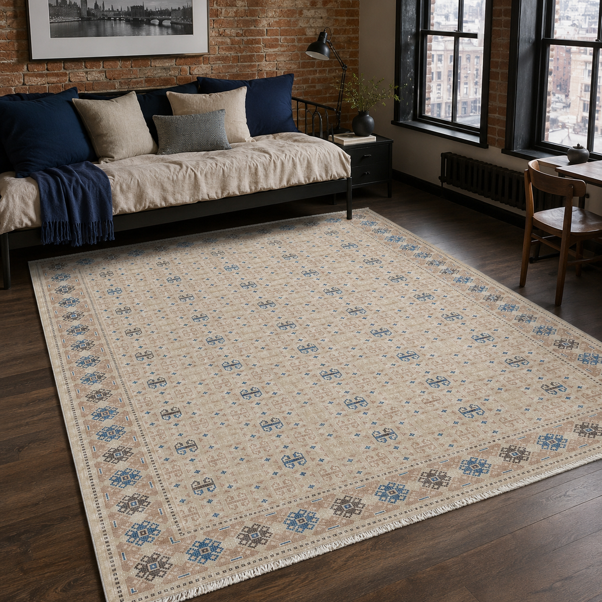 Tapis Ethnique Crème et Blanc Lavable Dalia, vue 9
