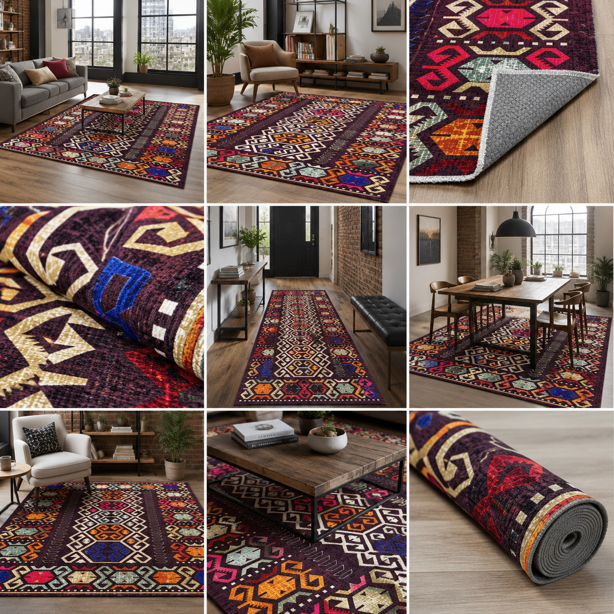 Tapis Ethnique Bleu Marine Lavable Tulum, vue principale