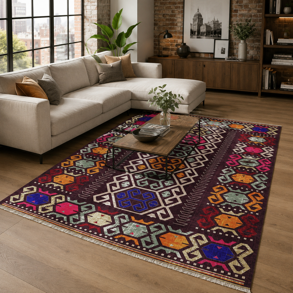 Tapis Ethnique Bleu Marine Lavable Tulum, vue 3