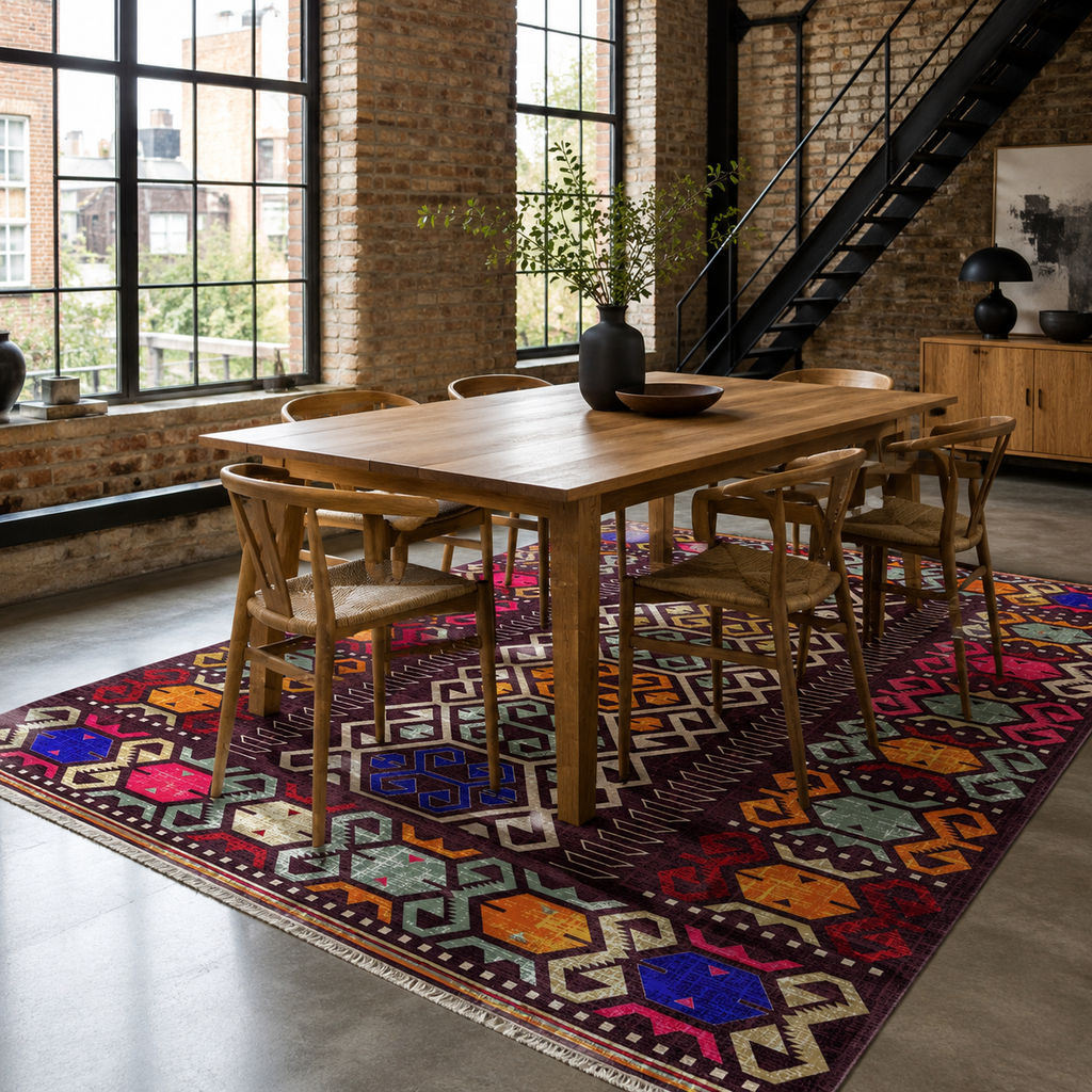 Tapis Ethnique Bleu Marine Lavable Tulum, vue 4
