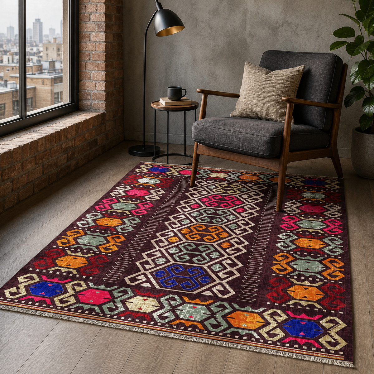 Tapis Ethnique Bleu Marine Lavable Tulum, vue 7
