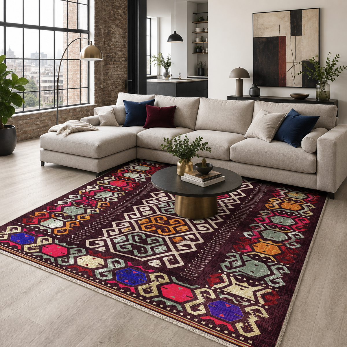 Tapis Ethnique Bleu Marine Lavable Tulum, vue 8
