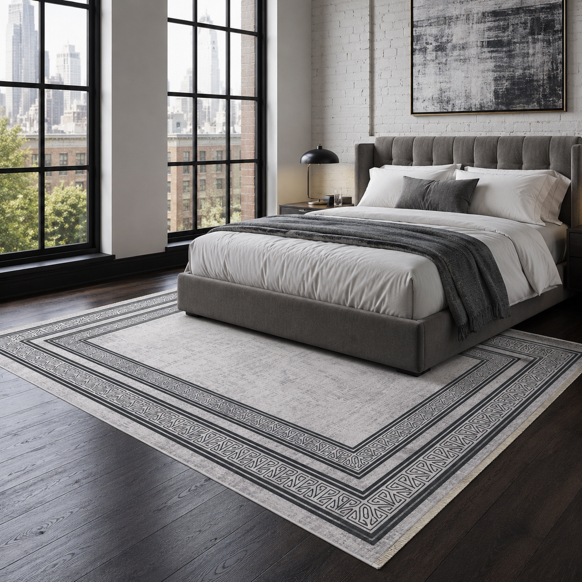 Tapis Géométrique Moderne Gris Lavable Rose, vue 4