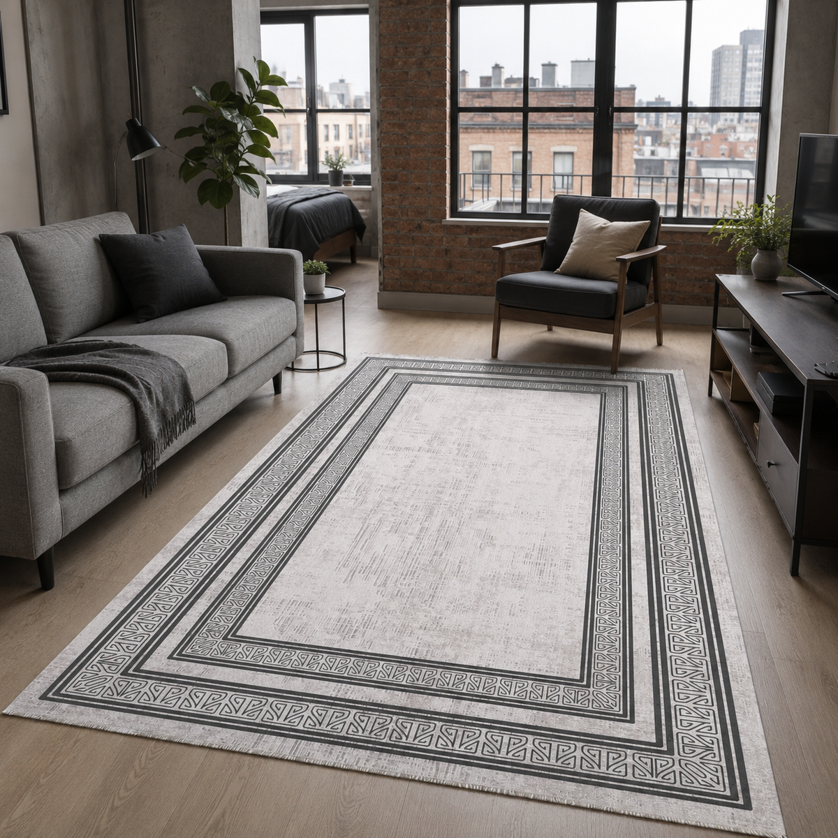 Tapis Géométrique Moderne Gris Lavable Rose, vue 9