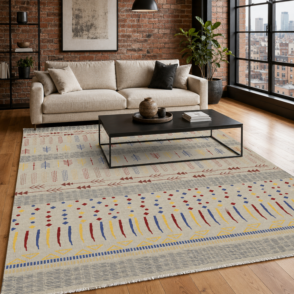 Tapis Ethnique Bleu Marine Lavable Sixtine, vue principale