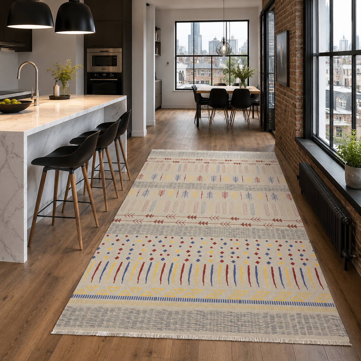Tapis Ethnique Bleu Marine Lavable Sixtine, vue 6