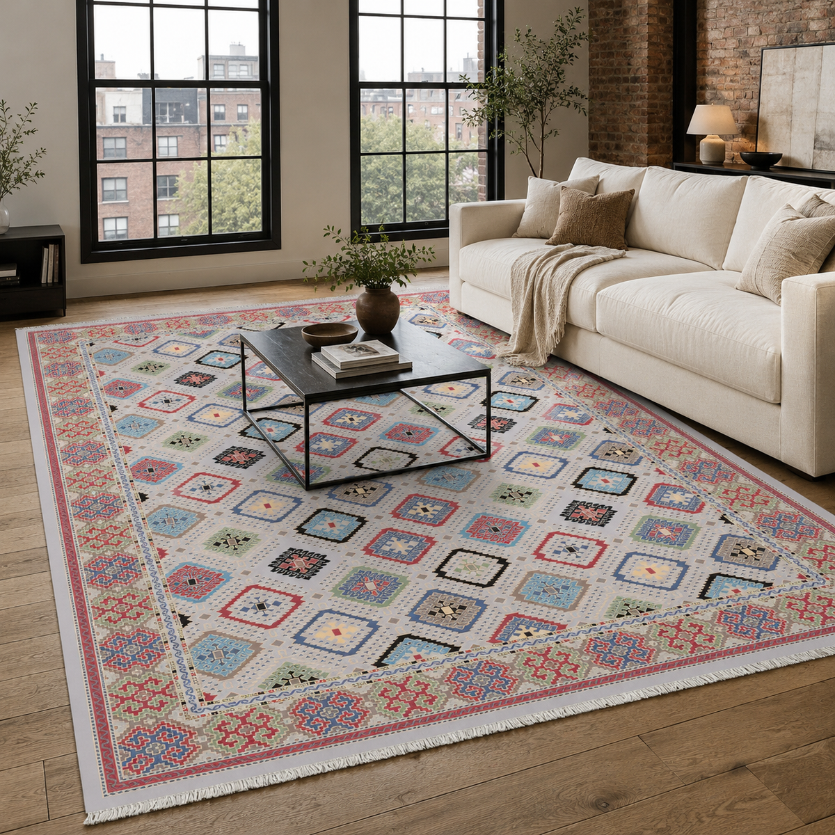 Tapis Ethnique Bleu Marine Lavable Palma, vue principale