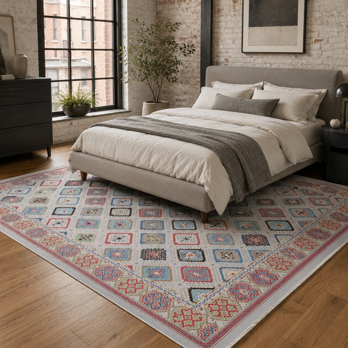 Tapis Ethnique Bleu Marine Lavable Palma, vue 3