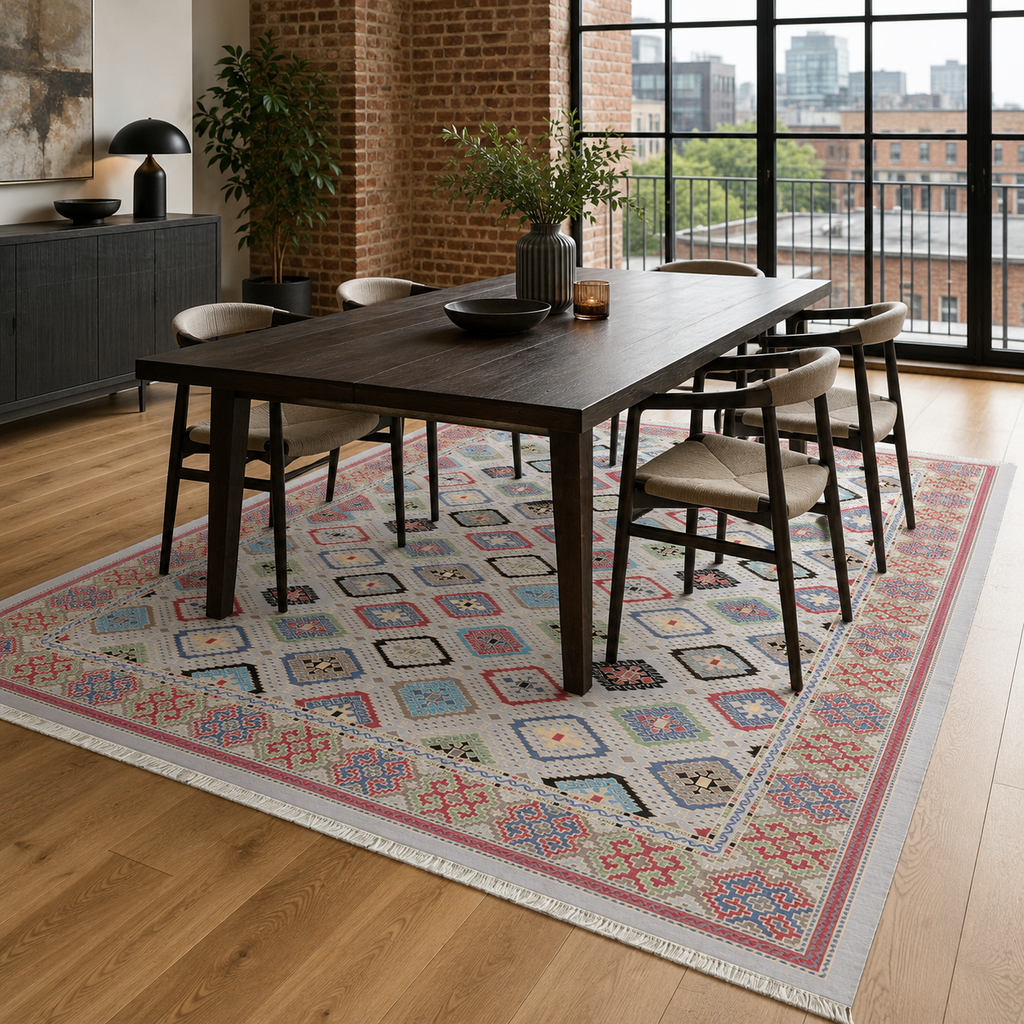Tapis Ethnique Bleu Marine Lavable Palma, vue 4