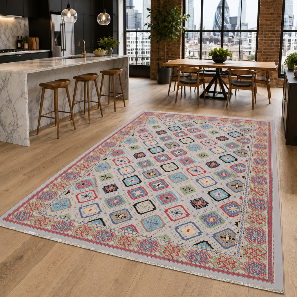 Tapis Ethnique Bleu Marine Lavable Palma, vue 7