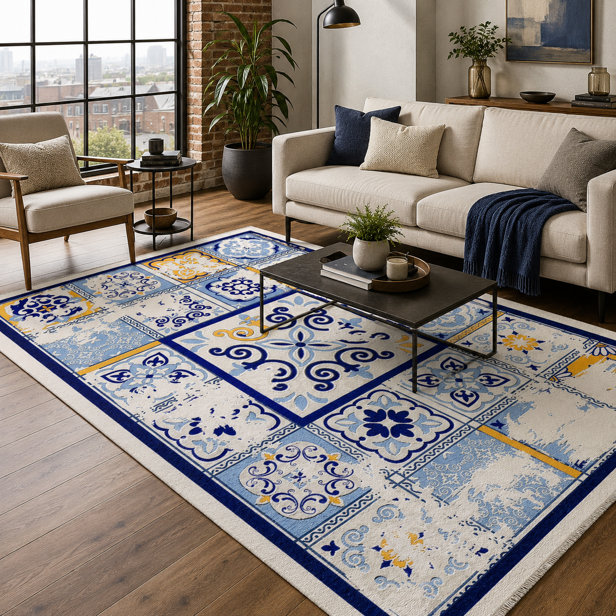 Tapis Ethnique Bleu Marine Lavable Ava, vue principale