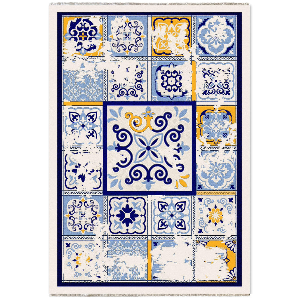 Détail du motif du tapis ethnique bleu marine lavable Ava