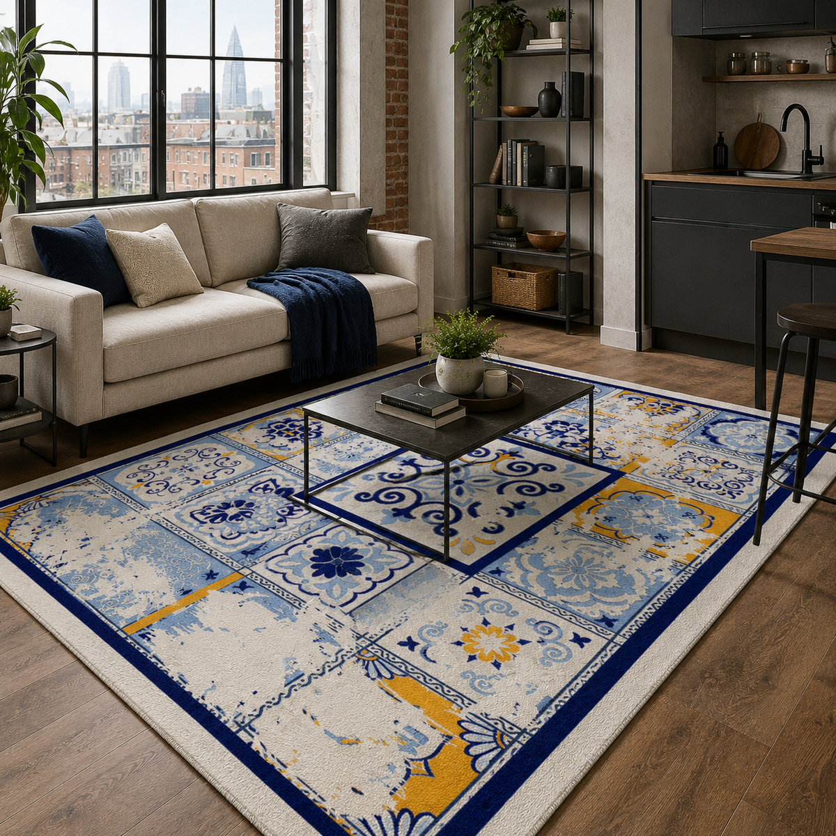 Tapis Ethnique Bleu Marine Lavable Ava, vue 5