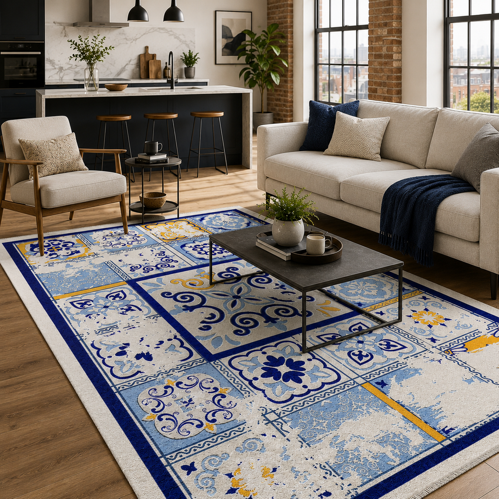 Tapis Ethnique Bleu Marine Lavable Ava, vue 7