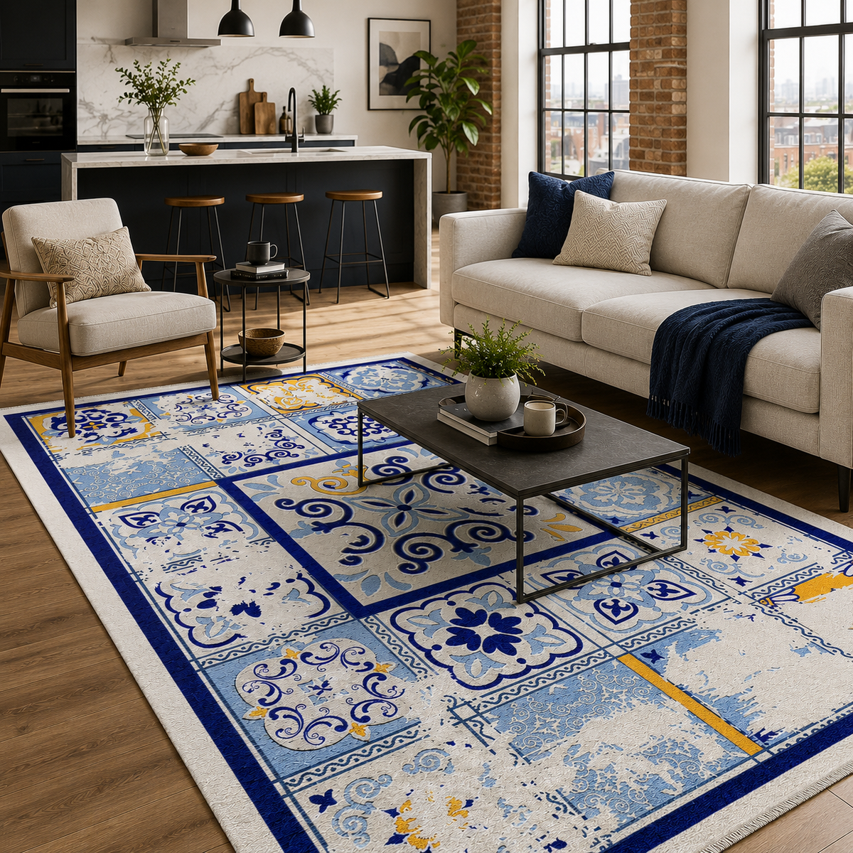 Tapis Ethnique Bleu Marine Lavable Ava, vue 7