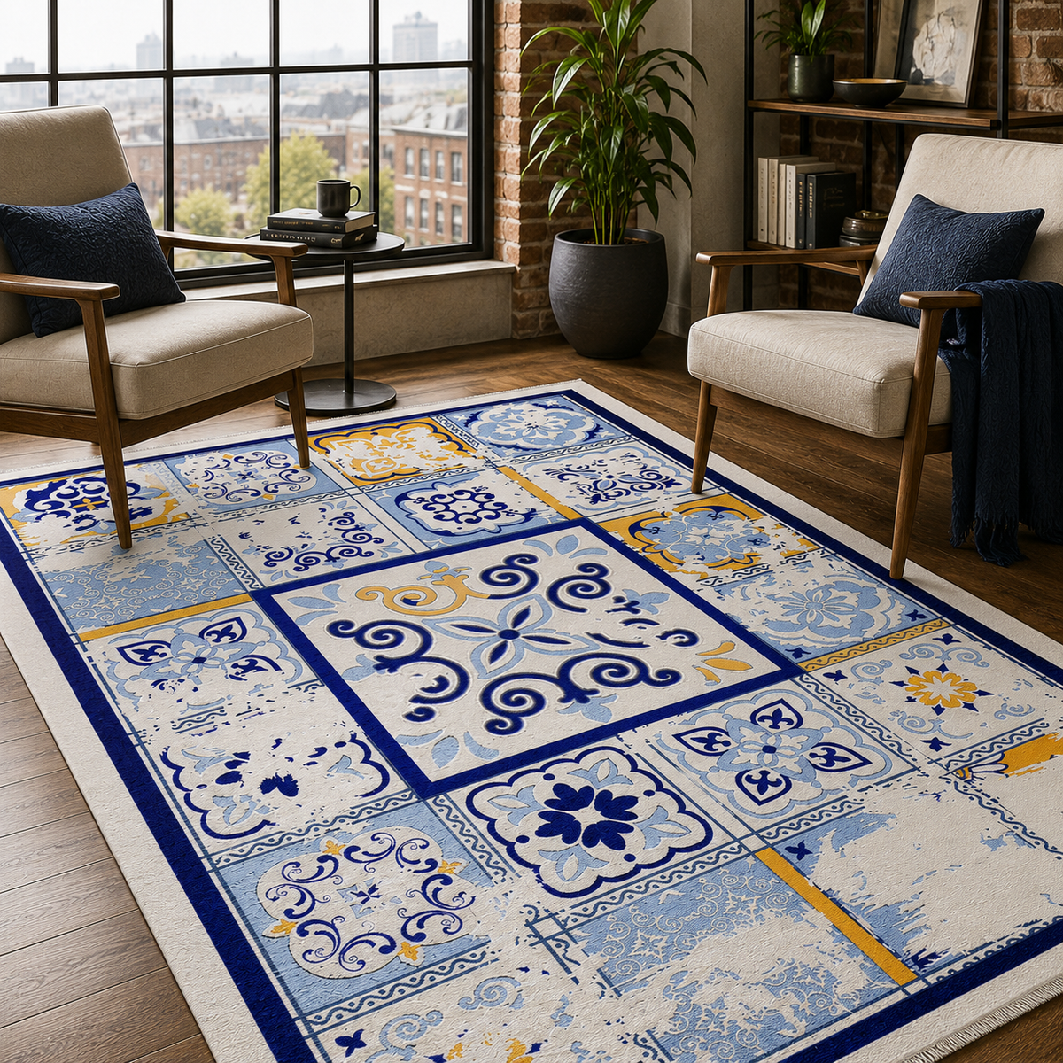 Tapis Ethnique Bleu Marine Lavable Ava, vue 8
