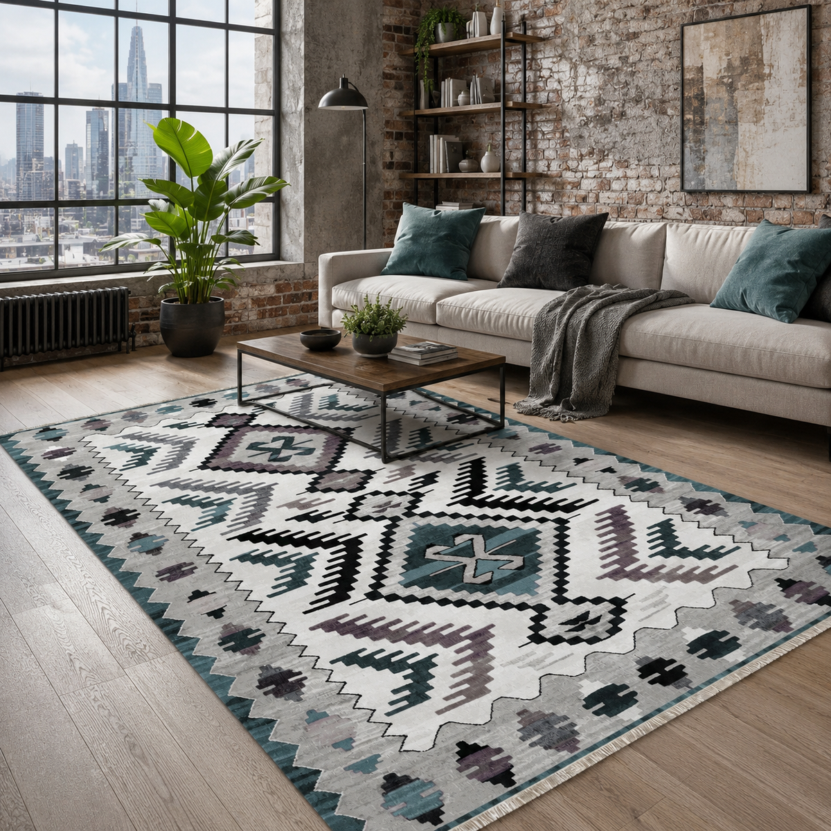 Tapis Ethnique Gris Lavable Zélia, vue principale