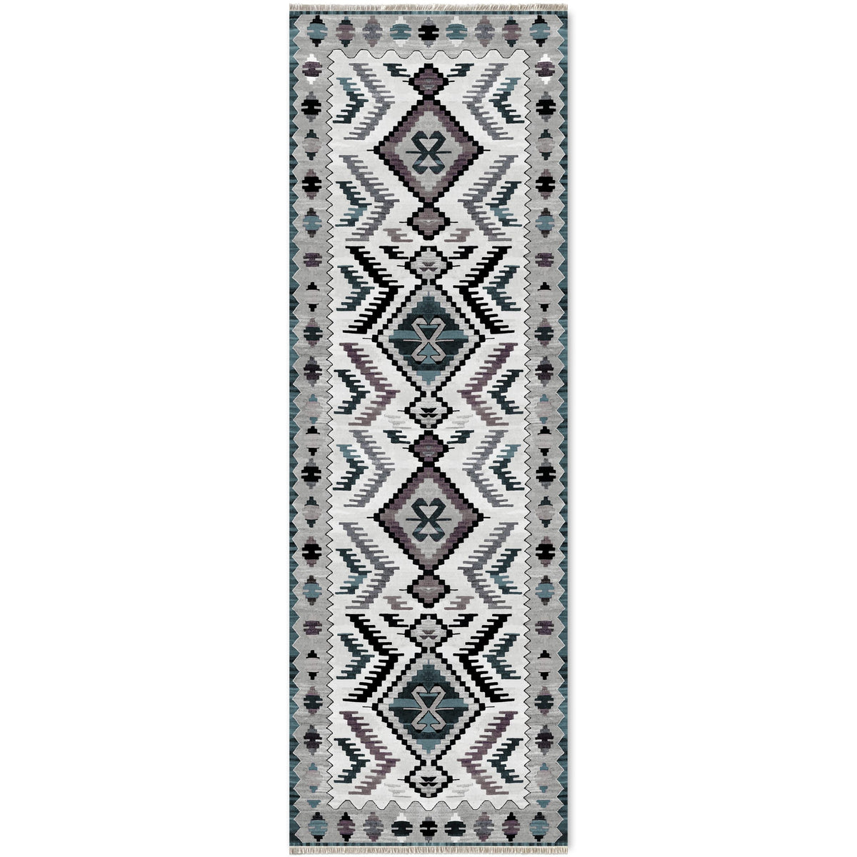 Détail du motif du tapis ethnique gris lavable Zélia
