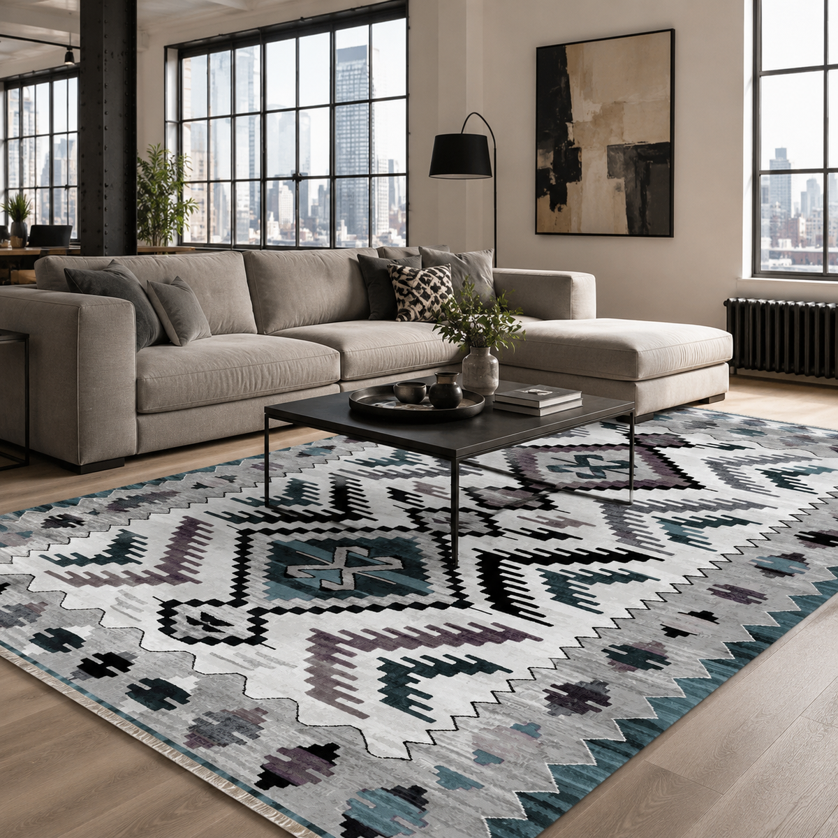 Tapis Ethnique Gris Lavable Zélia, vue 8