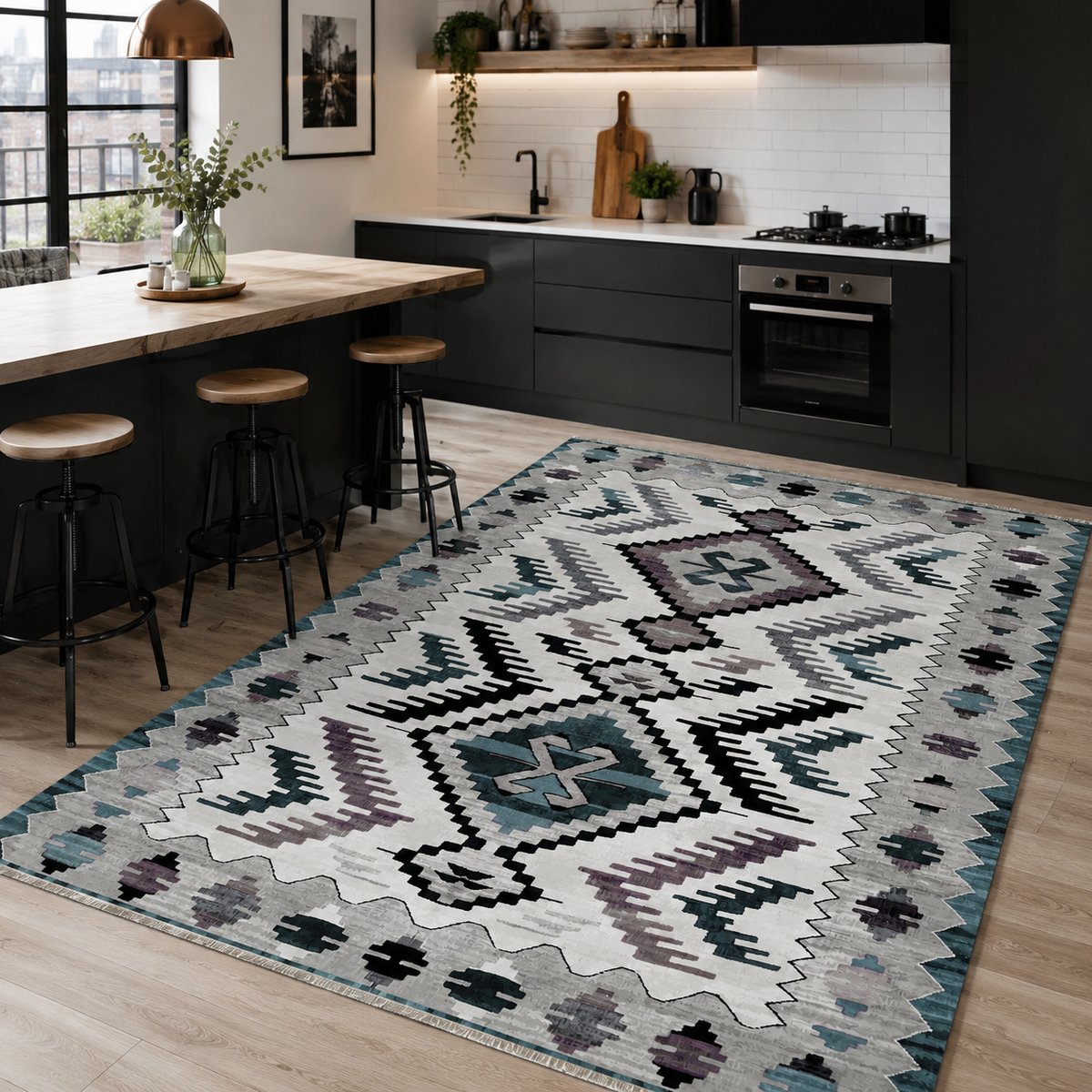 Tapis Ethnique Gris Lavable Zélia, vue 10