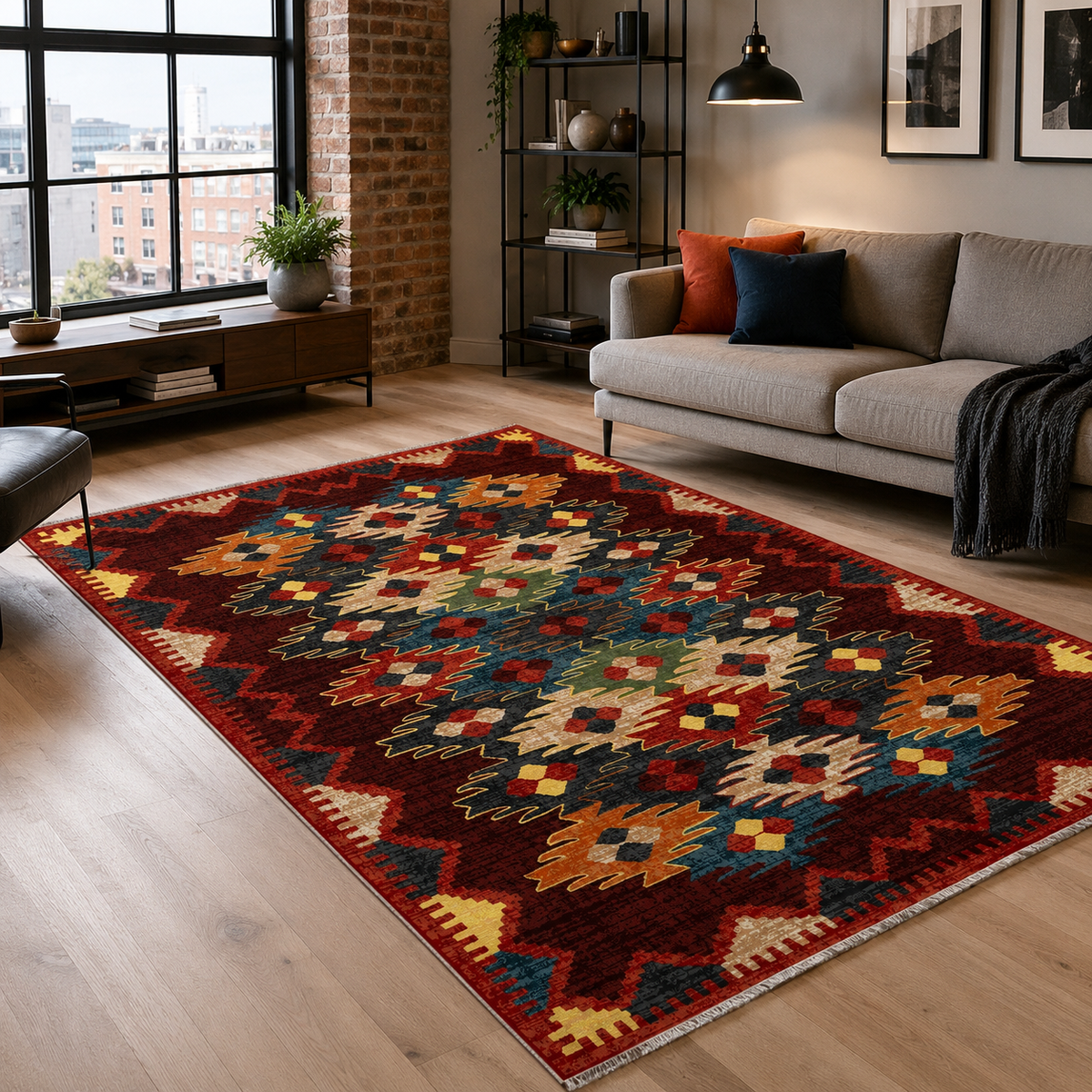Tapis Ethnique Bordeaux Lavable Aliénor, vue principale