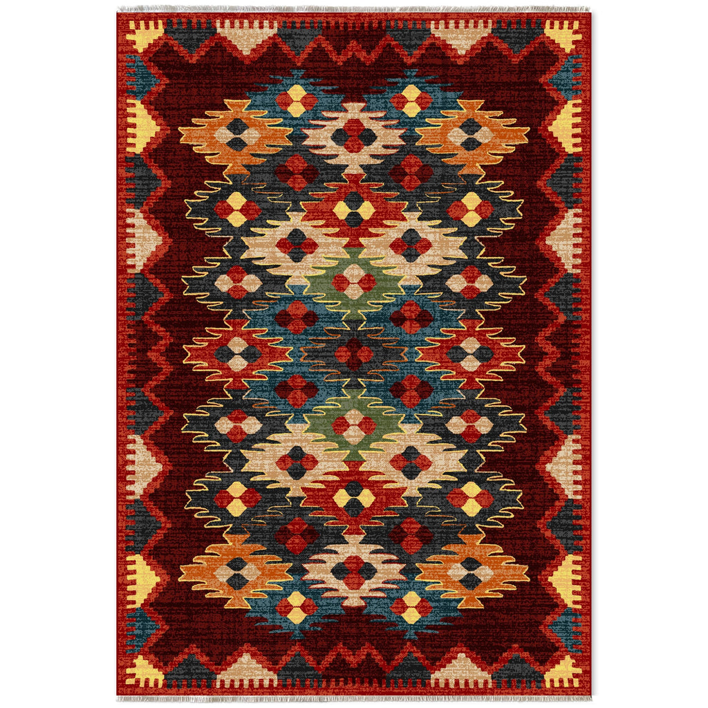 Détail du motif du tapis ethnique bordeaux lavable Aliénor