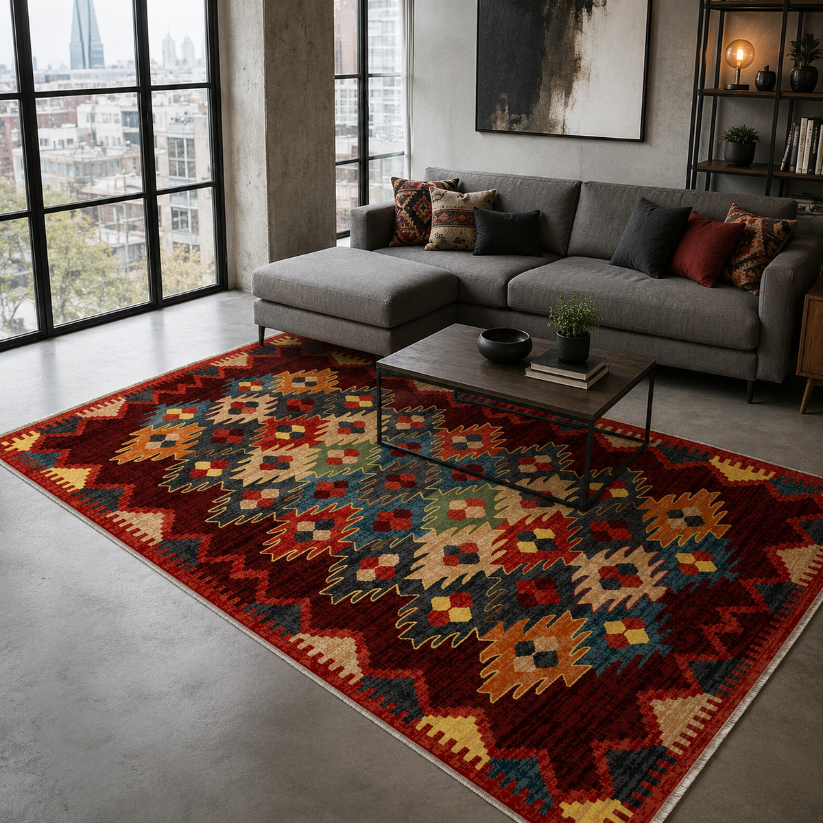 Tapis Ethnique Bordeaux Lavable Aliénor, vue 4