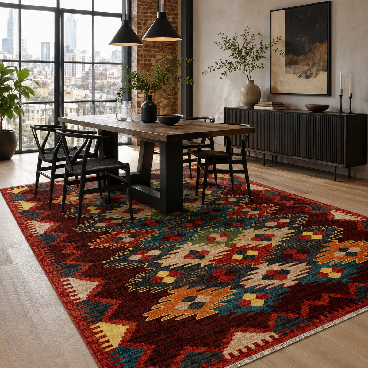 Tapis Ethnique Bordeaux Lavable Aliénor, vue 7
