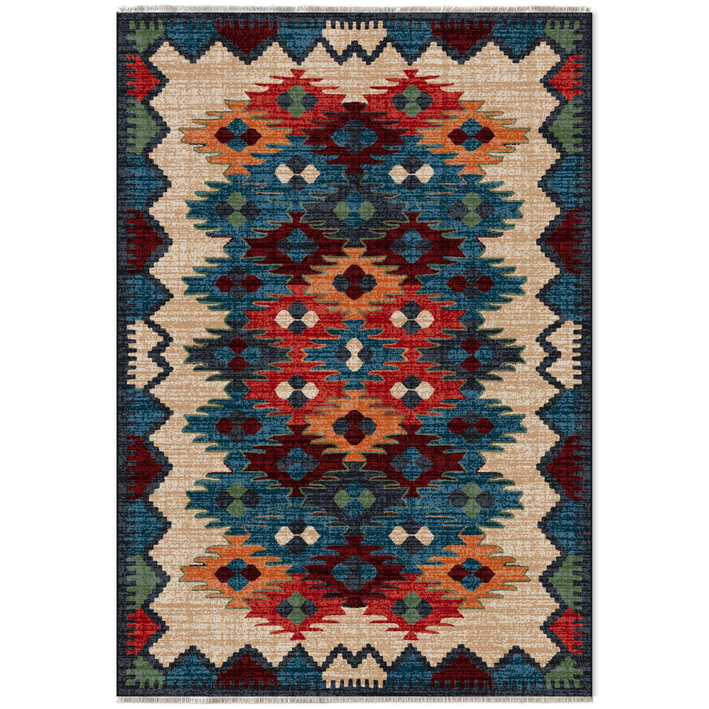 Détail du motif du tapis ethnique bleu marine lavable Ismaël