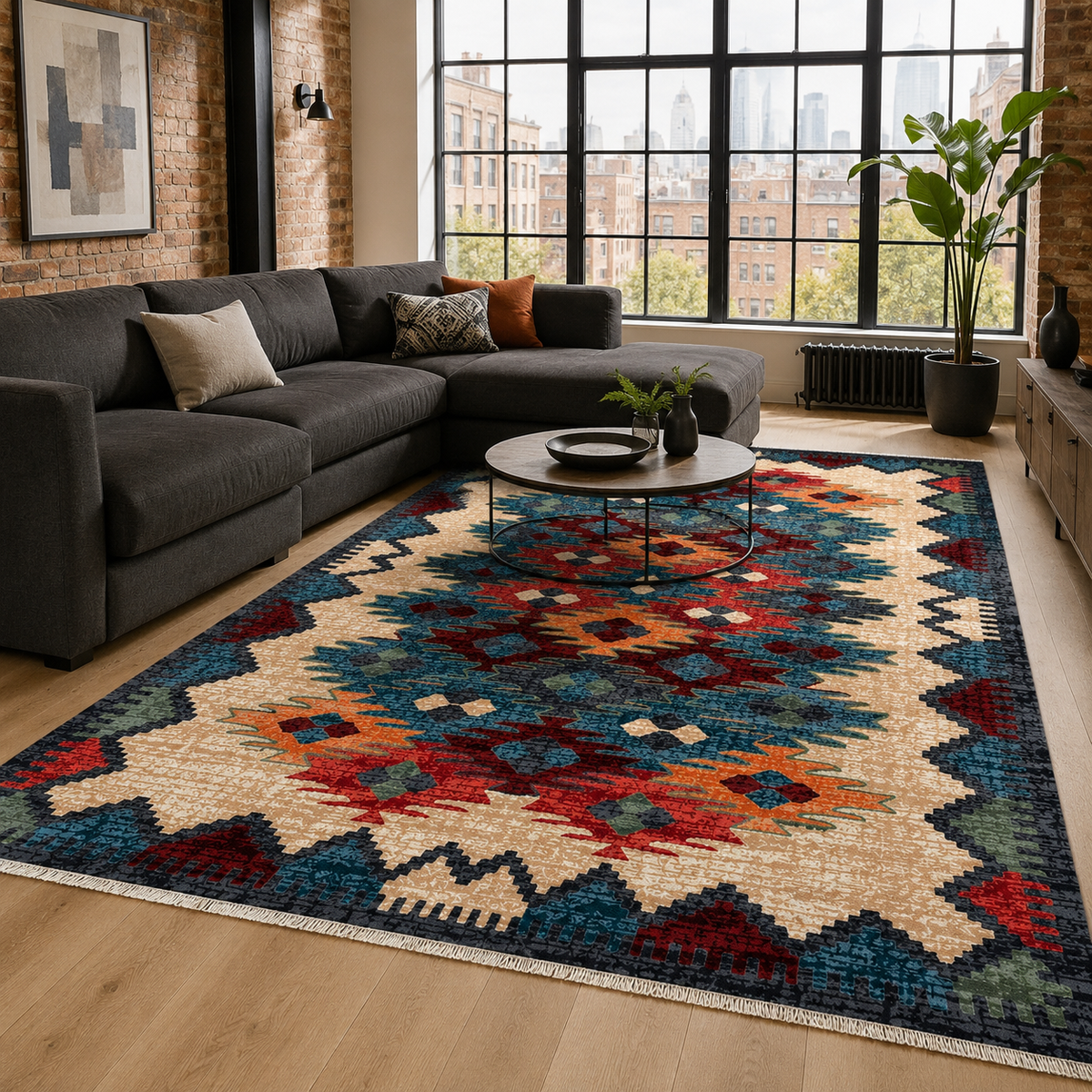 Tapis Ethnique Bleu Marine Lavable Ismaël, vue 3