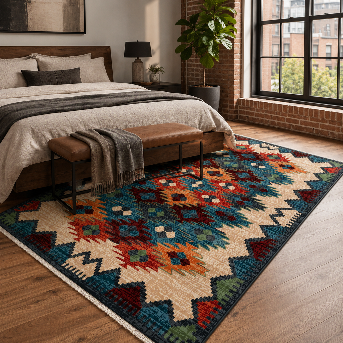 Tapis Ethnique Bleu Marine Lavable Ismaël, vue 5