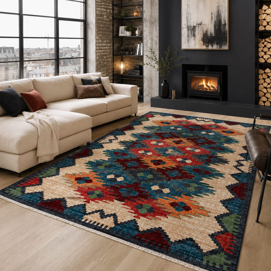 Tapis Ethnique Bleu Marine Lavable Ismaël, vue 8
