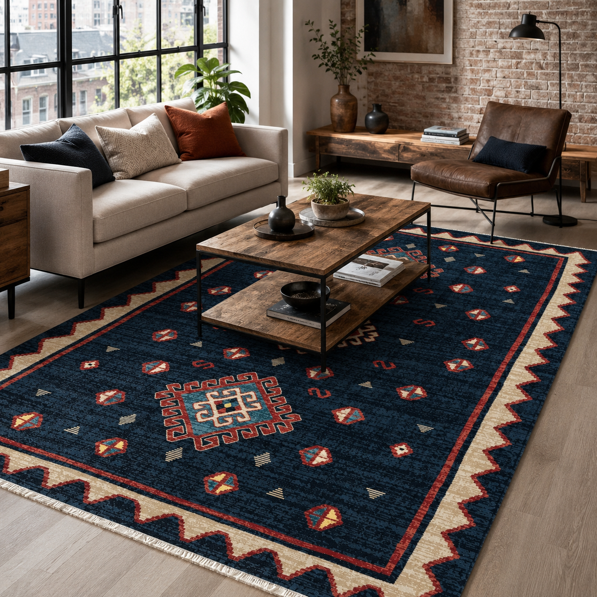 Tapis Ethnique Bleu Marine Lavable Oslo, vue principale