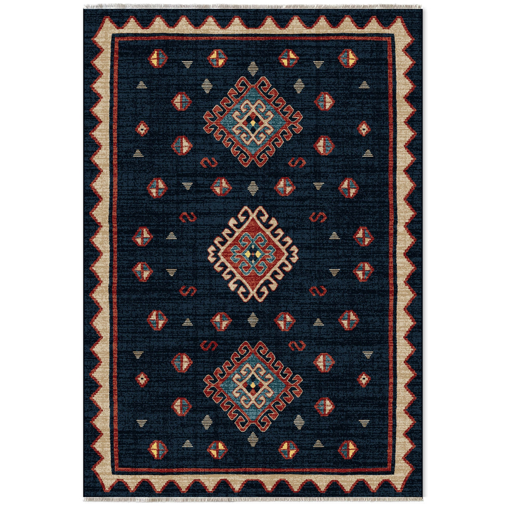 Détail du motif du tapis ethnique bleu marine lavable Oslo