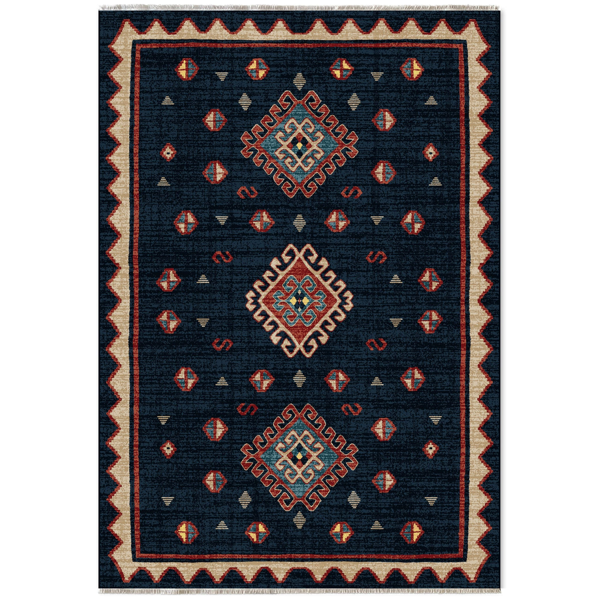 Détail du motif du tapis ethnique bleu marine lavable Oslo