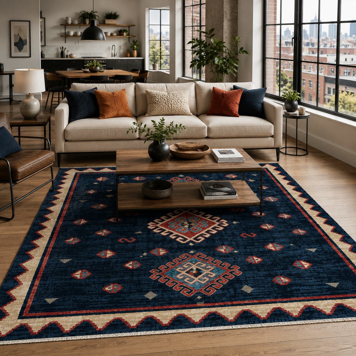 Tapis Ethnique Bleu Marine Lavable Oslo, vue 4