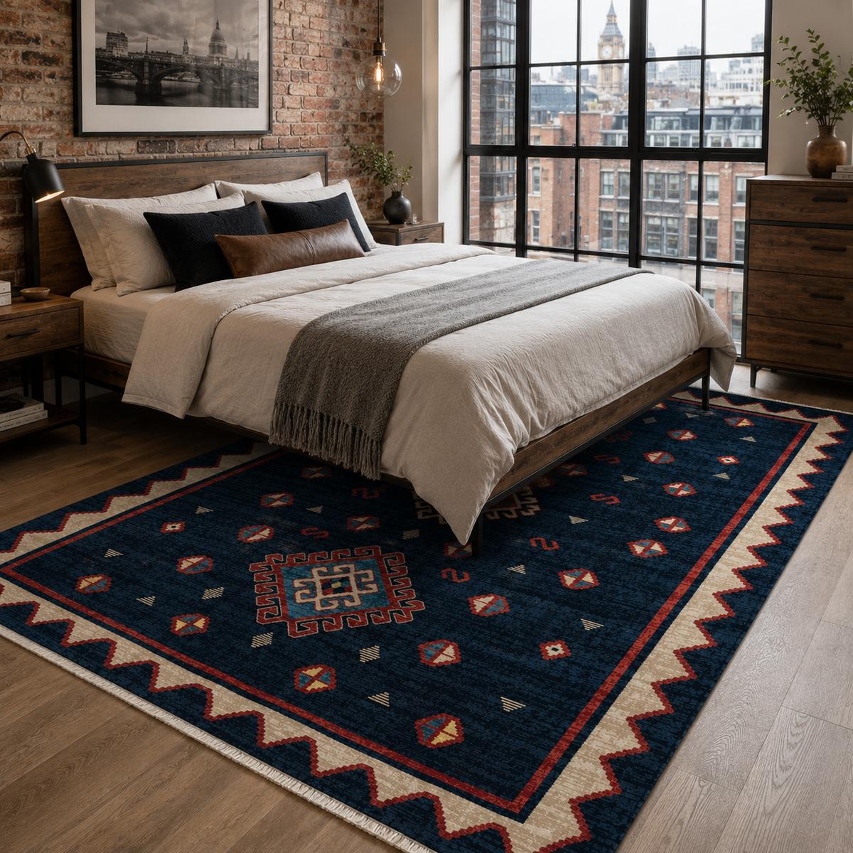 Tapis Ethnique Bleu Marine Lavable Oslo, vue 5